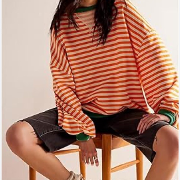 NWOT Free People Orange Green Long Sleeve Crew Neck Oversized Sweatshirt Size XL - Picture 2 of 4